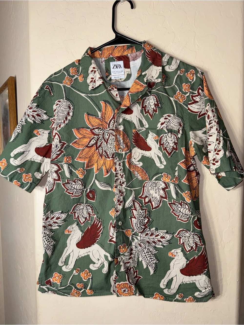 Zara Relaxed Fit Griffin Floral Botanical Camp Collar Button Up Shirt Men’s S